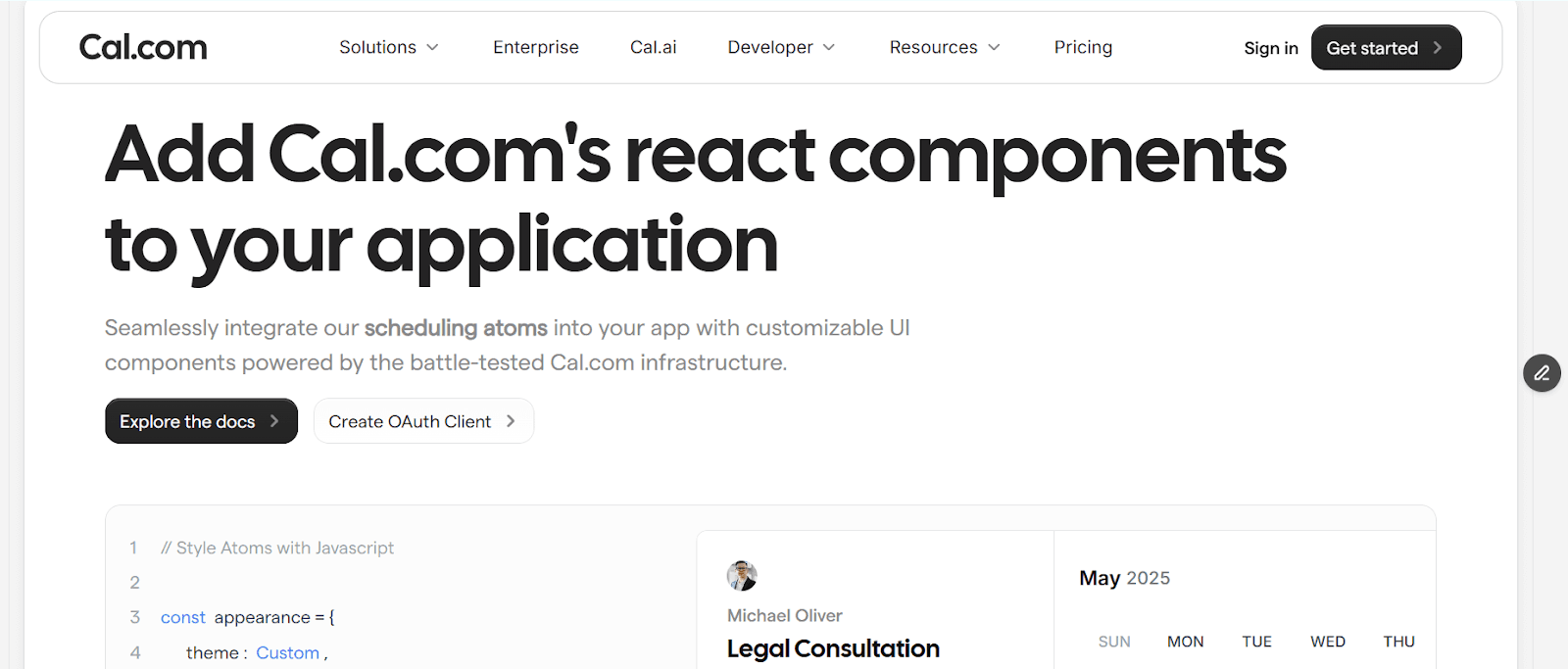 Image showing Cal.com's react component integration page