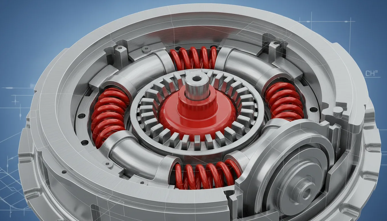 Photorealistic 3D render of a complex mechanical clutch assembly, styled as a high-fidelity SolidWorks CAD model. Extreme close-up and cutaway view reveals intricate internal components: stacked clutch plates, gears, and vibrant red coil springs. The materials feature brushed steel, polished chrome, and a glossy red painted hub. The scene is lit with soft global illumination, creating realistic reflections and shadows. A shallow depth of field focuses on the foreground, with a background featuring a blurry blue gradient and a faint, transparent overlay of a technical schematic.