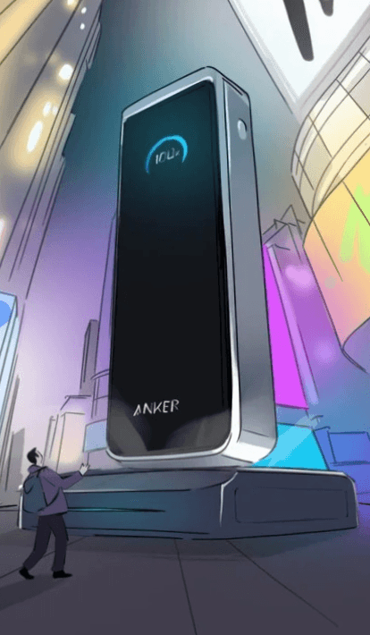 Comic-style sketches showing an Anker power bank flying through a city