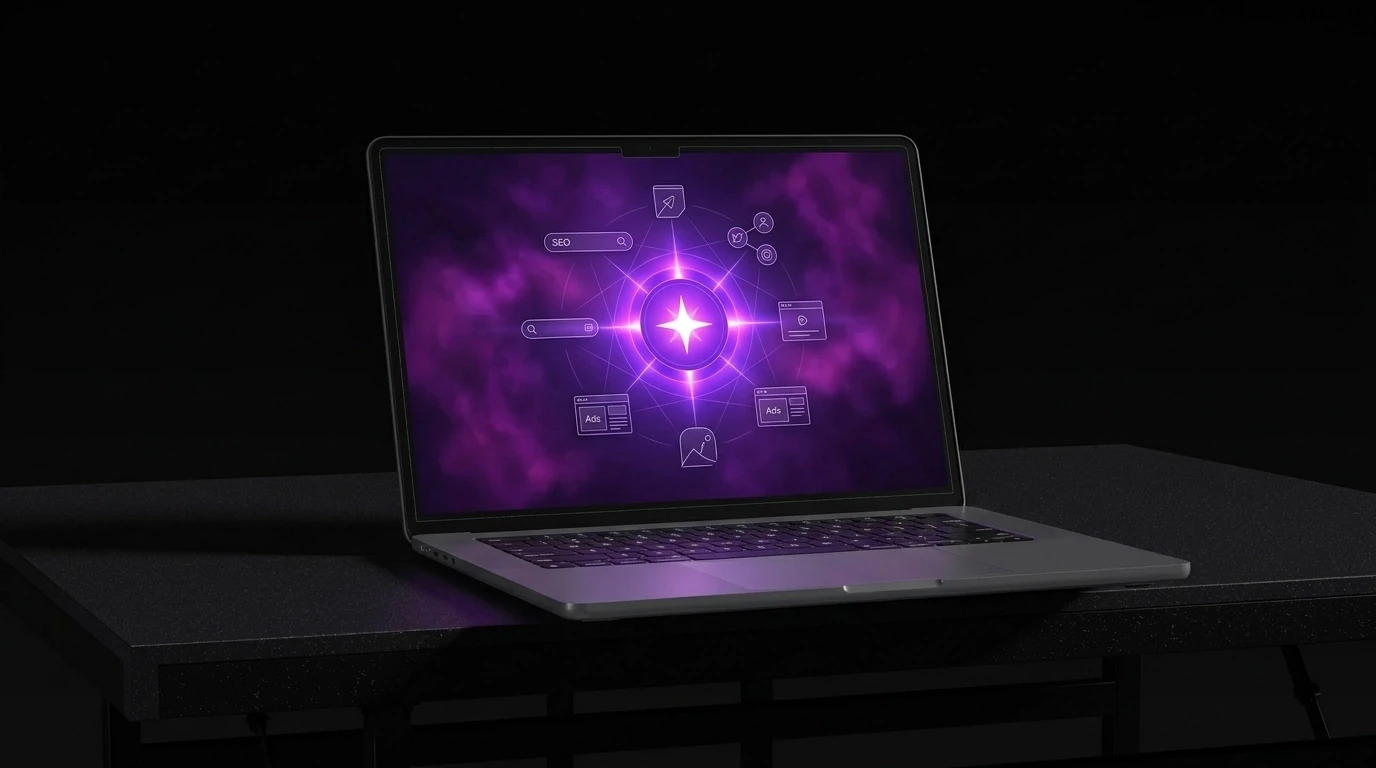 a laptop on a table in a dark room displaying a purple galaxy illustration