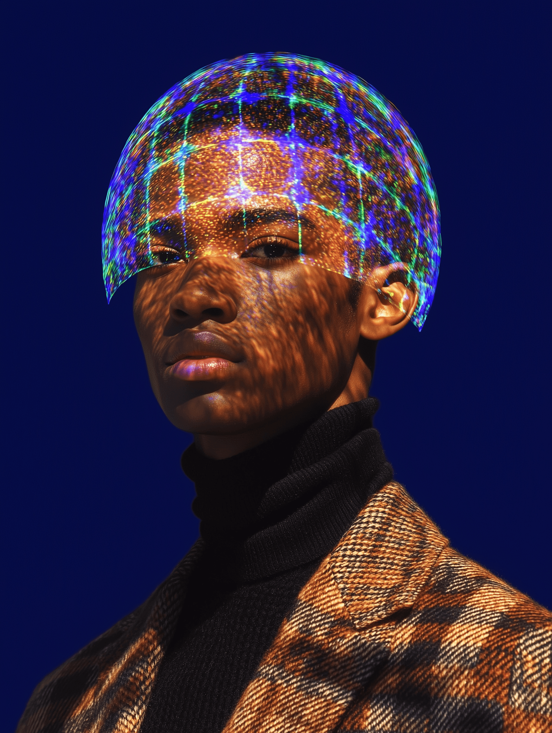 A person with a digital grid pattern on their face, wearing a plaid jacket against a blue background. 