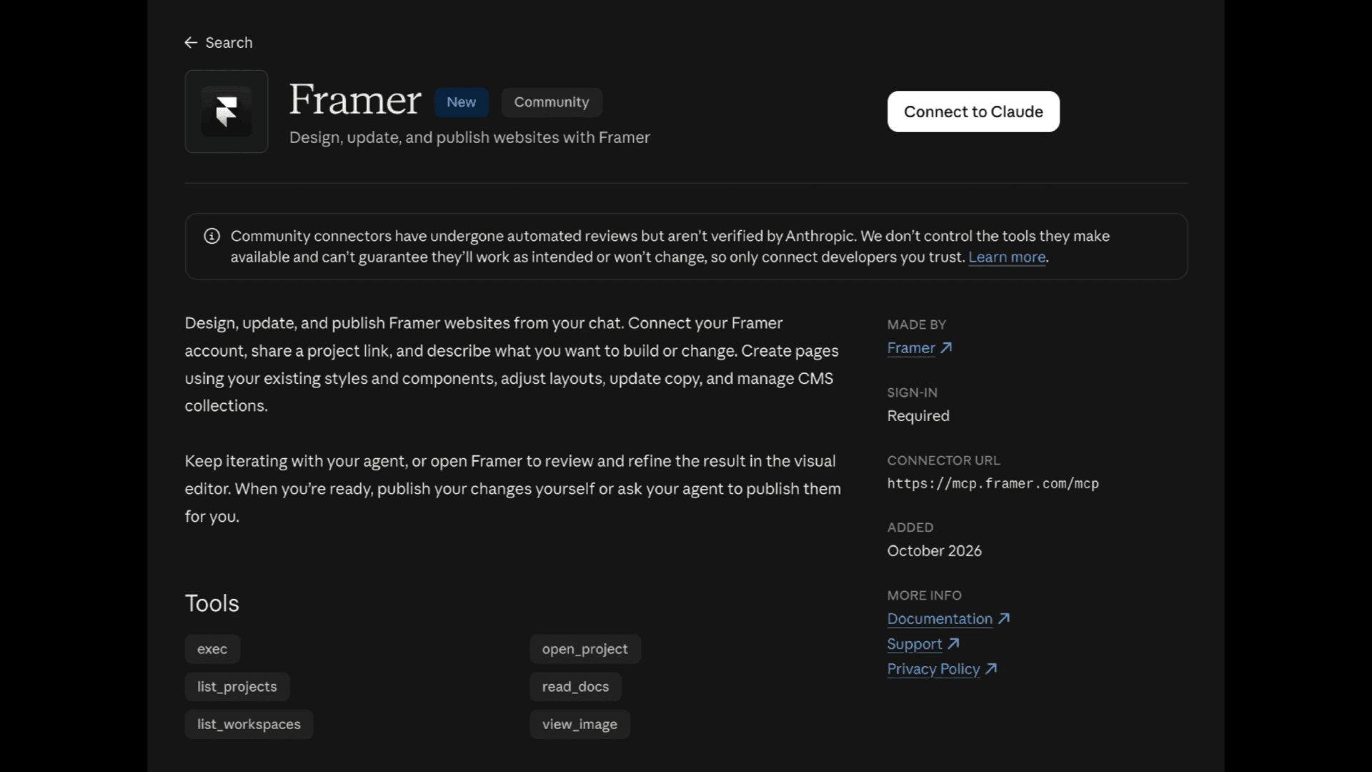 Framer connector page in Claude’s directory with a Connect to Claude button, the connector URL https://mcp.framer.com/mcp and tools including exec, open_project and read_docs