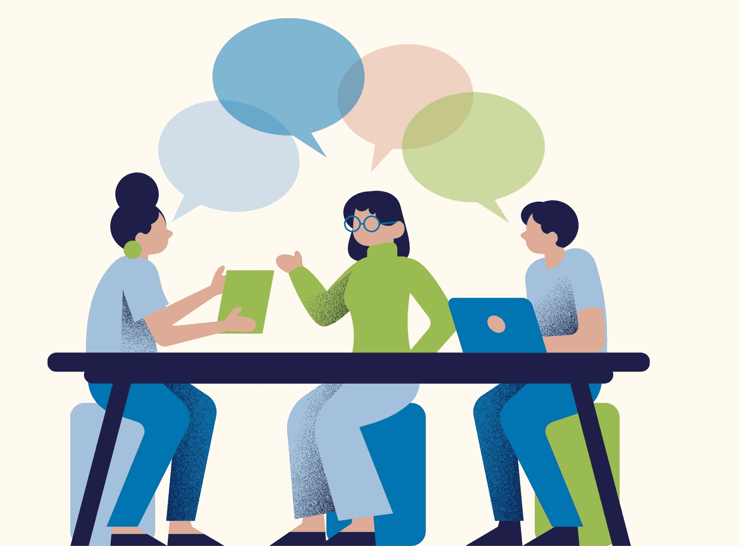 Illustration of three colleagues in a lively discussion with speech bubbles