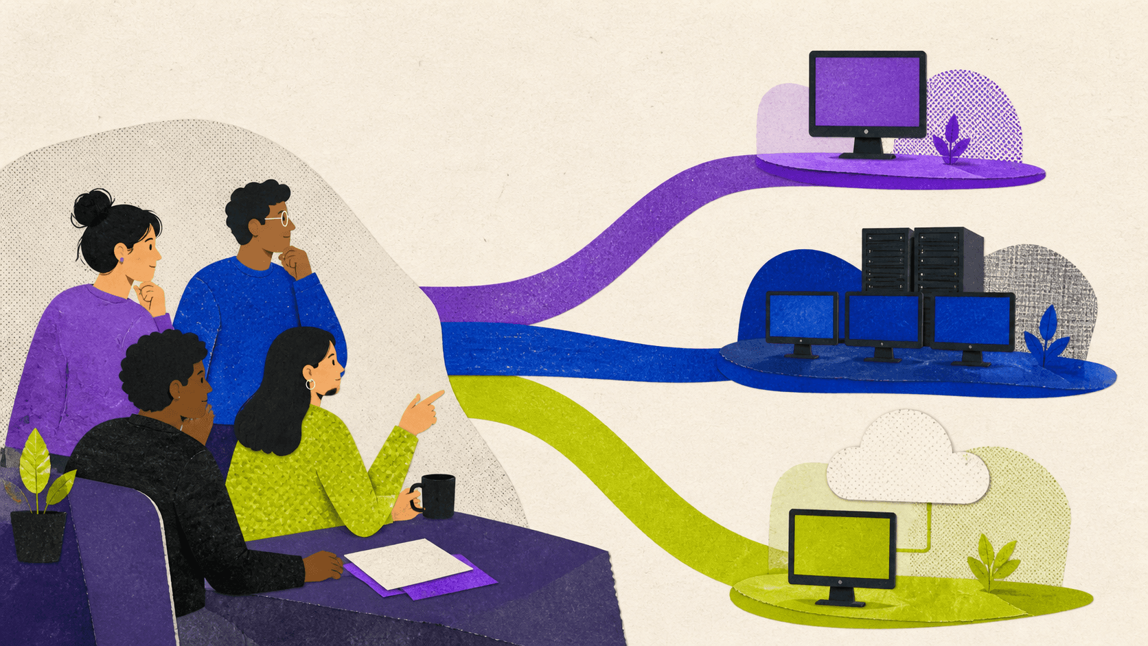 A layered illustration showing how a device connects to a virtual machine, virtual desktop, VDI management layer, and cloud infrastructure.