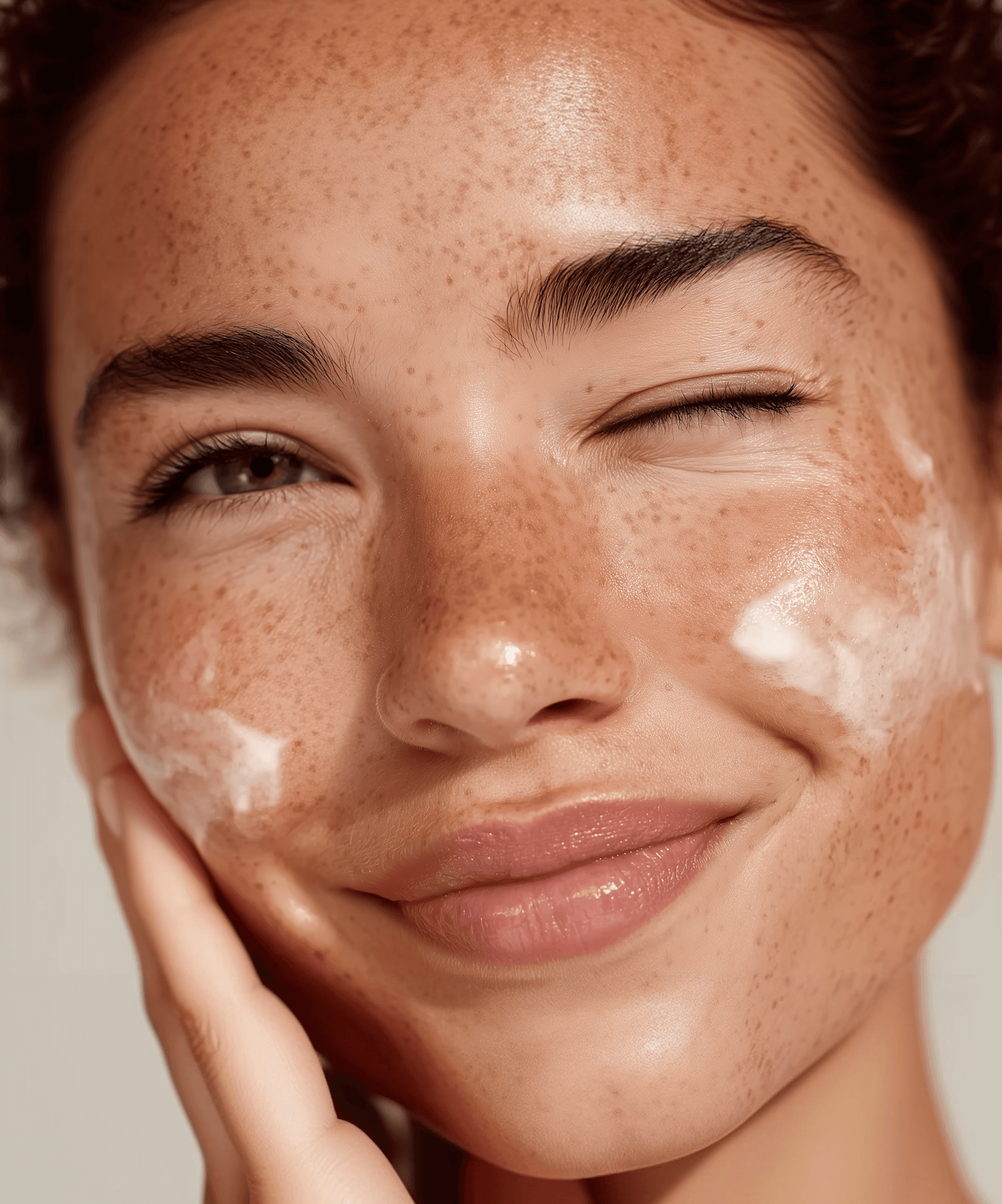 Woman applying skincare cream, close-up face.