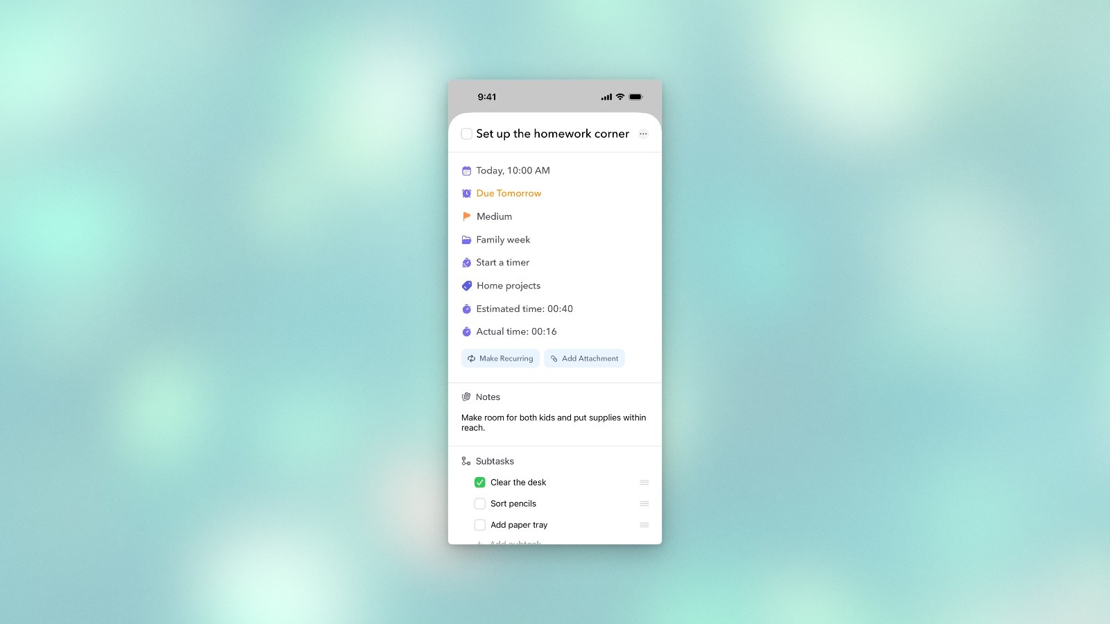 Ellie’s task editor as a bare rectangle with no device around it, on a soft teal background