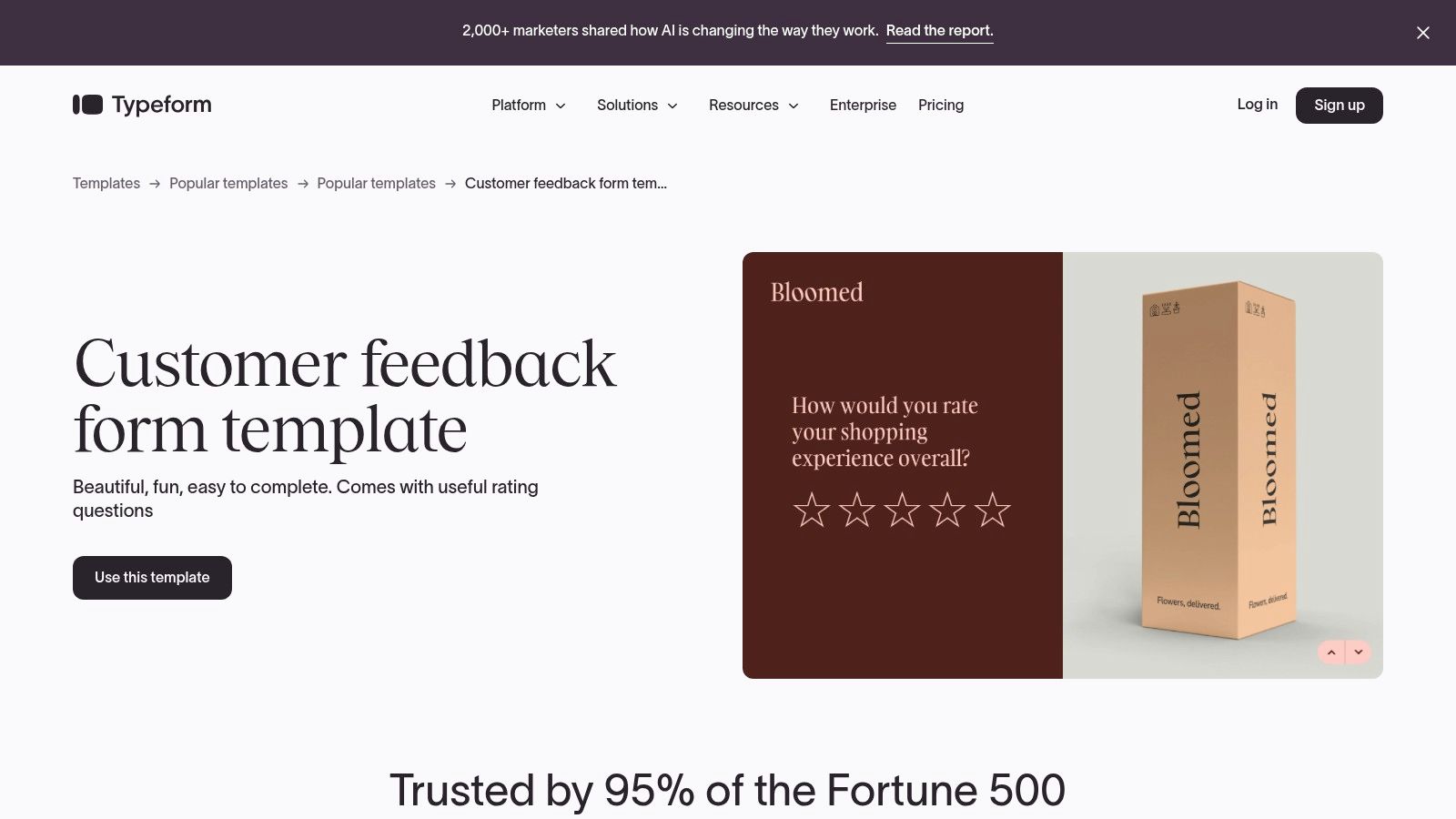 A screenshot of Typeform's conversational customer feedback form template interface, showing one question on the screen with interactive answer options.