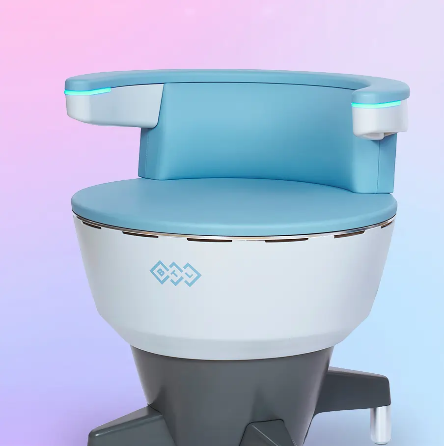 Product photo of EMSELLA chair on a colored gradient background.