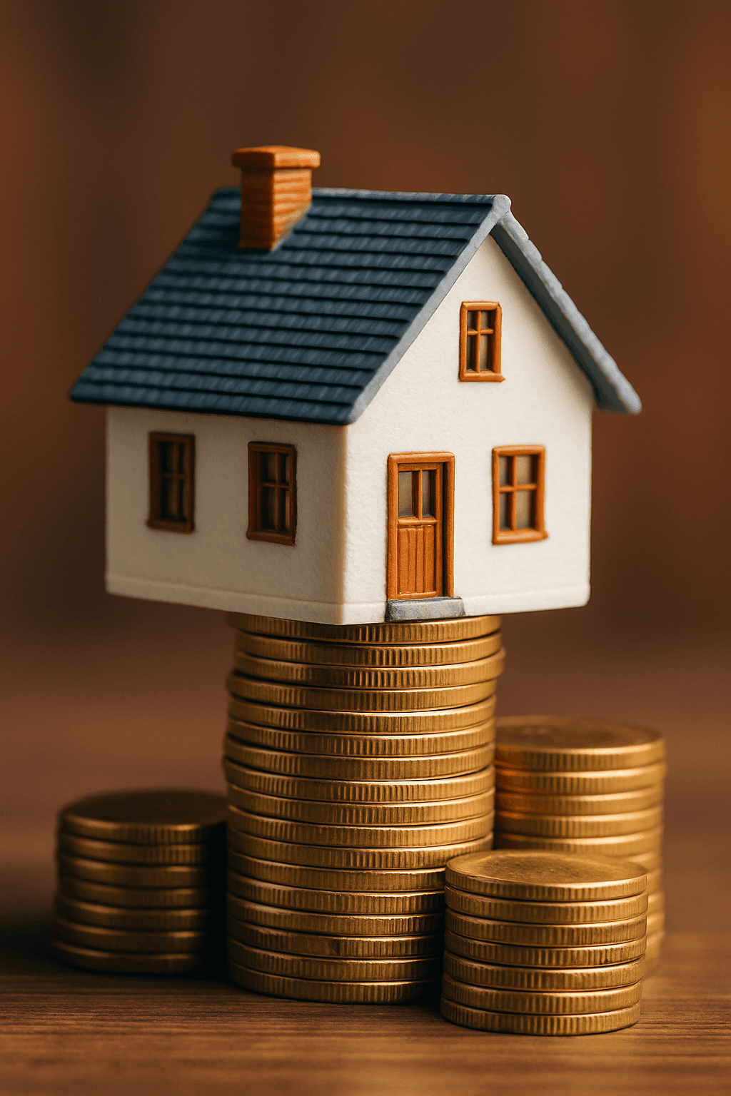 מודל של בית קטן ניצב על ערימה גבוהה של מטבעות זהב, על רקע חום מטושטש – מסמל השקעות נדל״ן, רווחיות, תשואה ועליית ערך בנכסים.