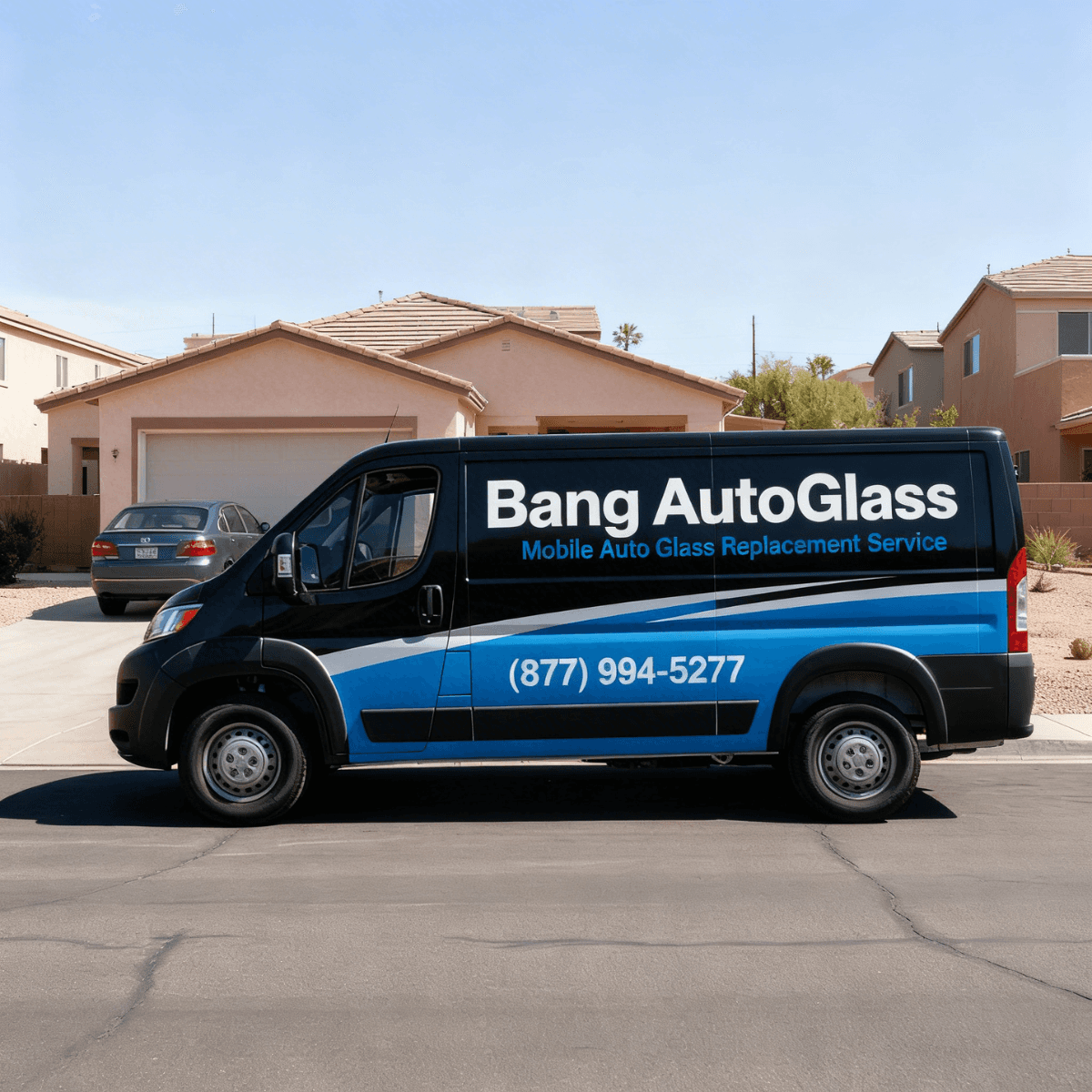 Bang AutoGlass technician pulling up to a Glendale, AZ home in the branded service van for a windshield appointment