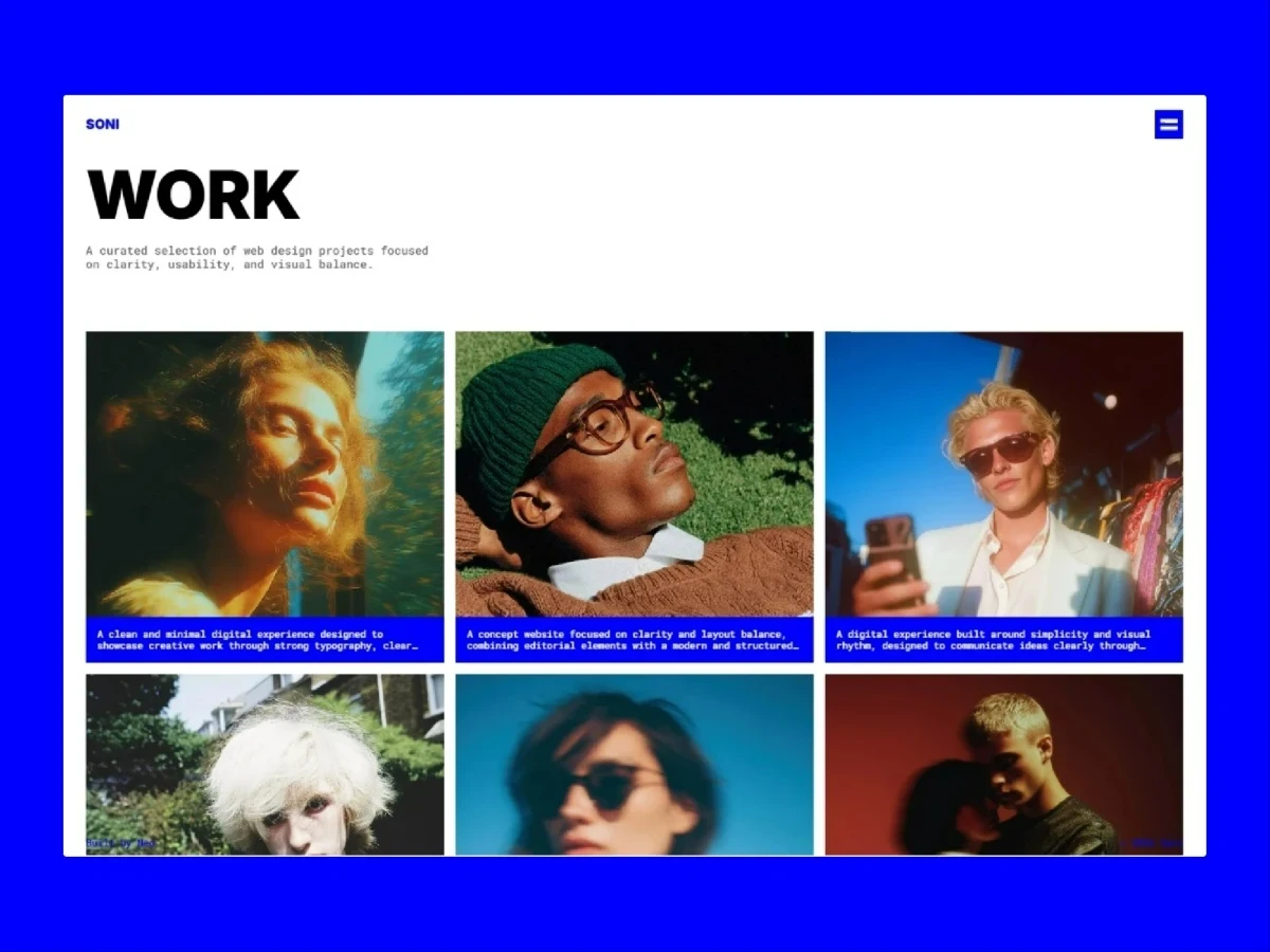 Project archive and work gallery layout within the Soni premium Framer template.