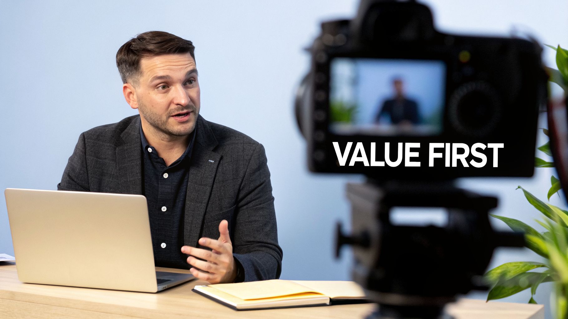 A man records a video podcast or online course at his desk with a laptop and camera, displaying 'VALUE FIRST'.