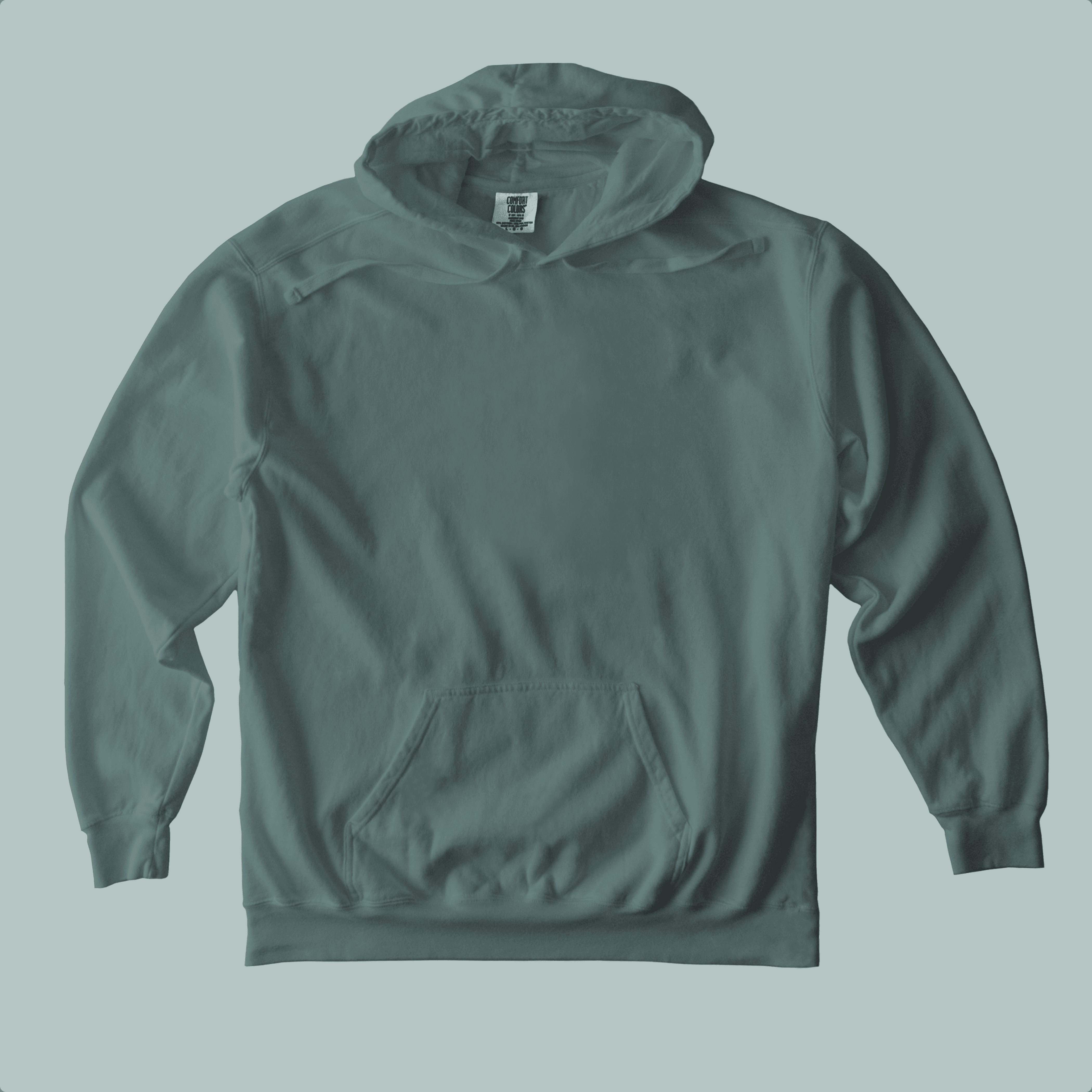 A teal hooded sweatshirt with a front pocket. The hoodie is laid flat on a light teal background.