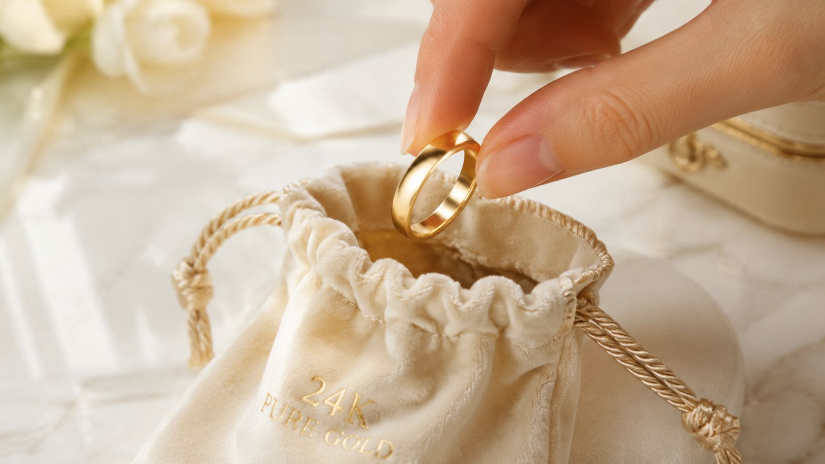 A hand delicately placing a shiny 24 carat gold ring into a small cream colored velvet pouch.