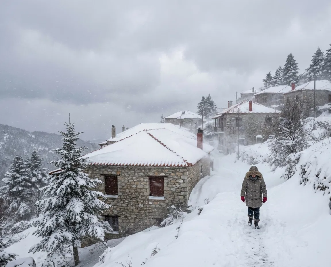 Cold winter landscape in Greece with snow and strong northern winds.