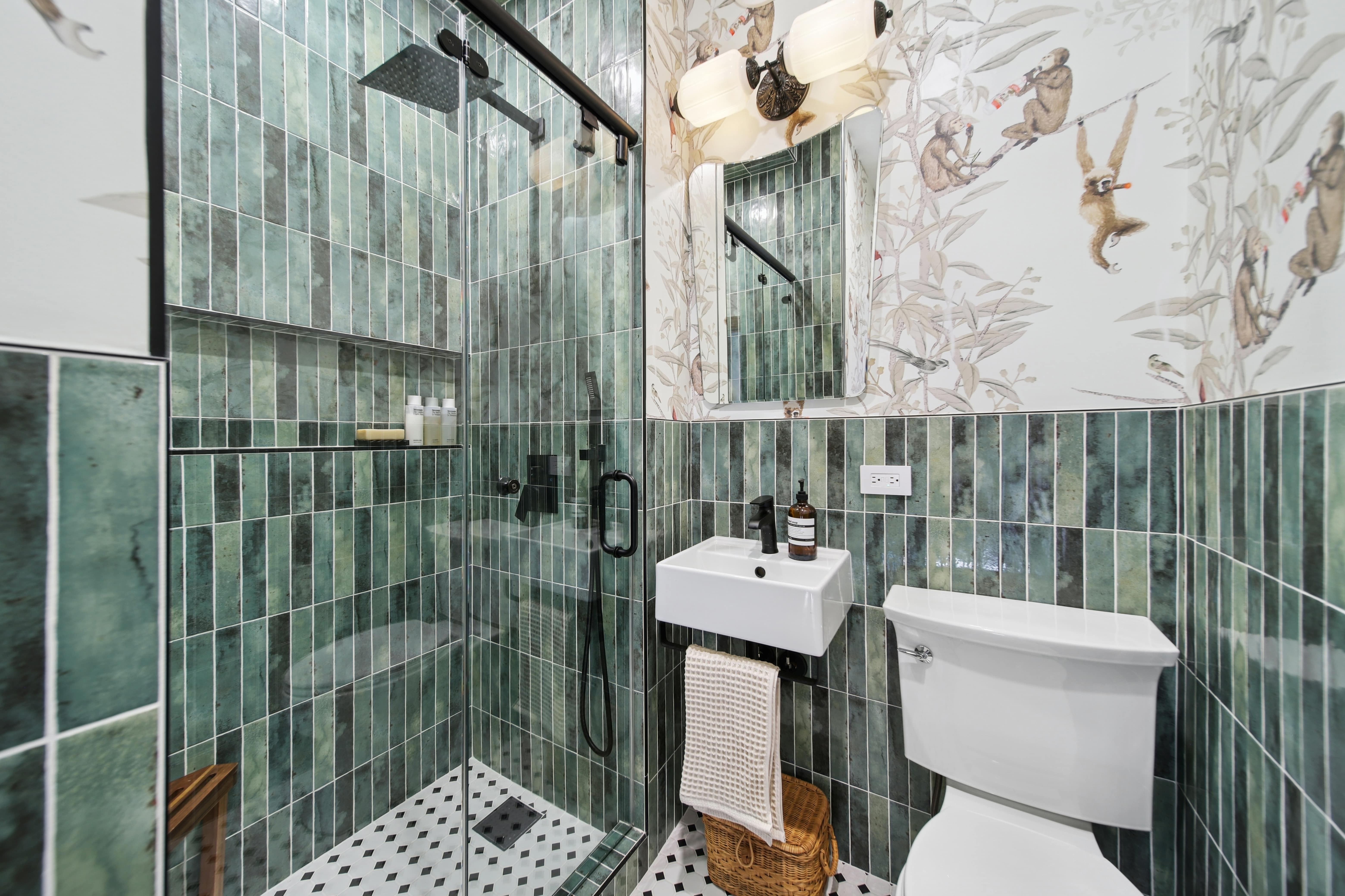 green tiled modern bathroom