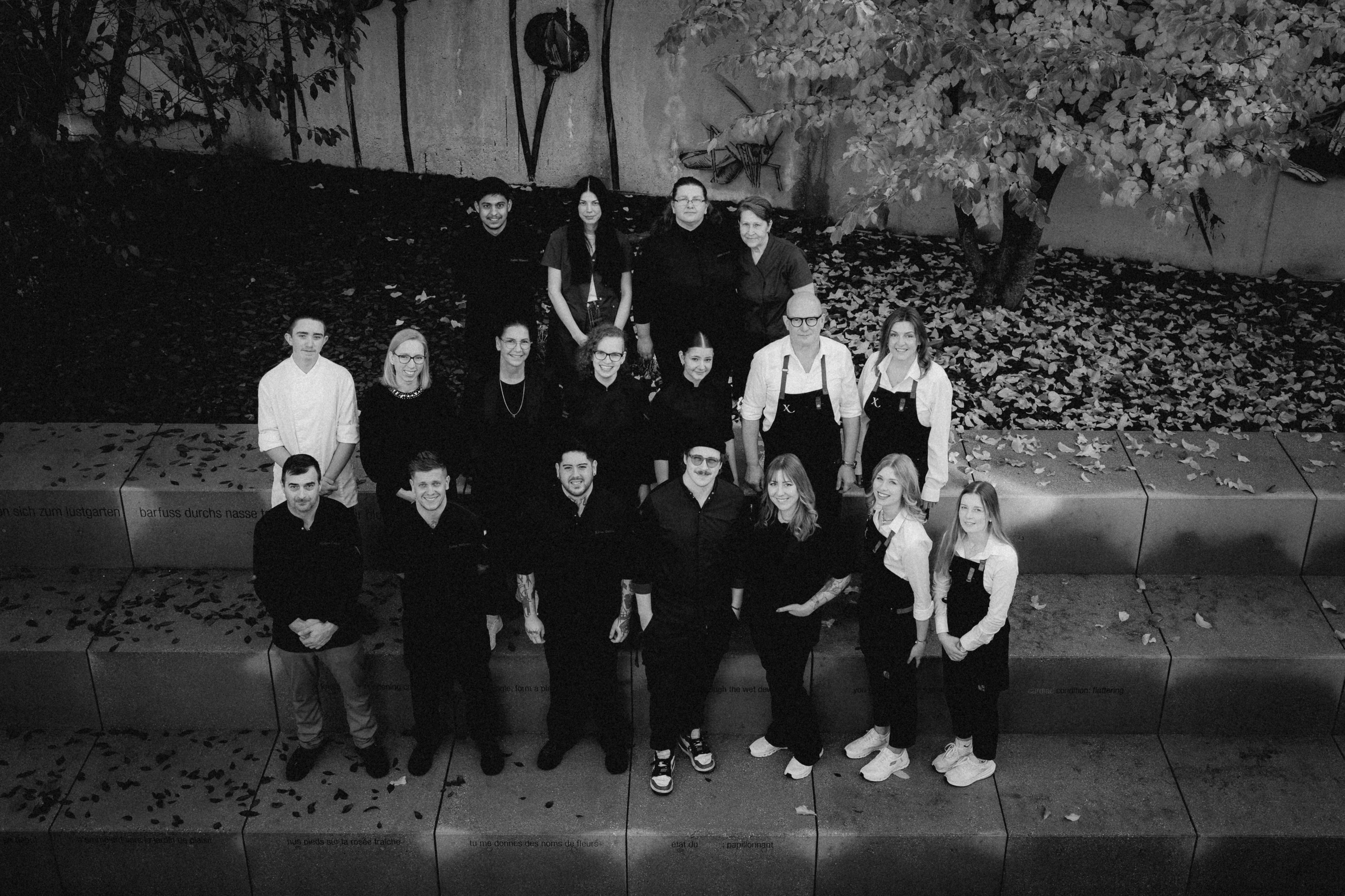 A black-and-white photo of people standing on a lookout platform surrounded by trees, overlooking a scenic view.