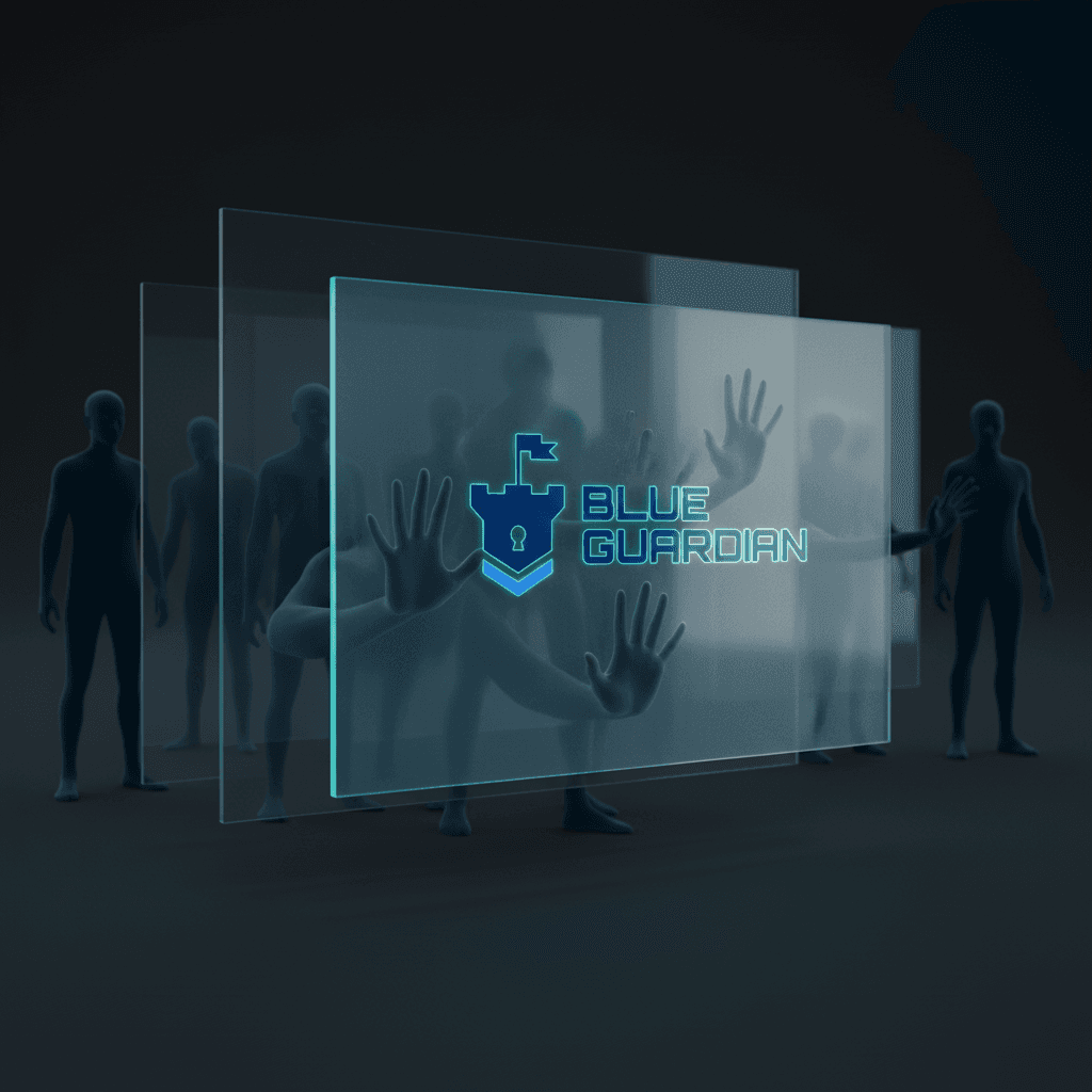 Shadowy silhouettes and glass partitions symbolize the risk of giving account access to strangers