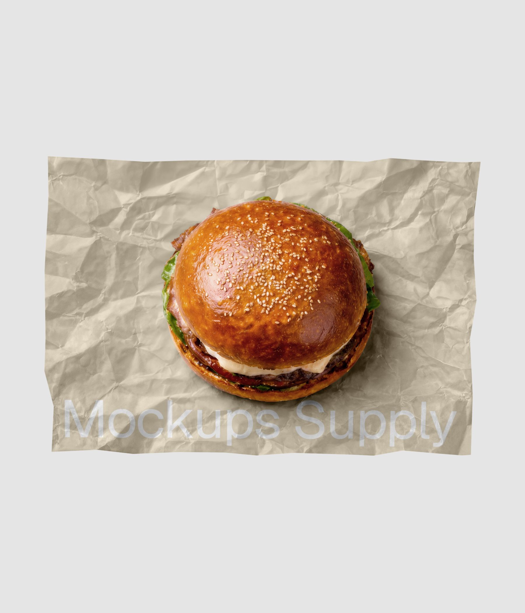 Top view burger mockup on editable paper wrap surface with custom logo design download PSD on Mockups Supply