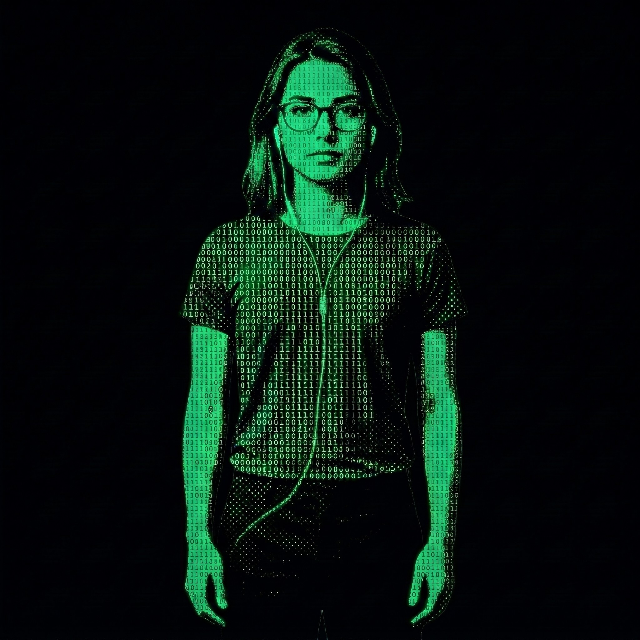 a woman with glasses and shoulder-length hair looking straight ahead.