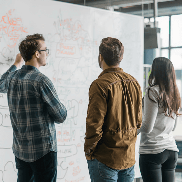 Three colleagues reviewing notes on a whiteboard