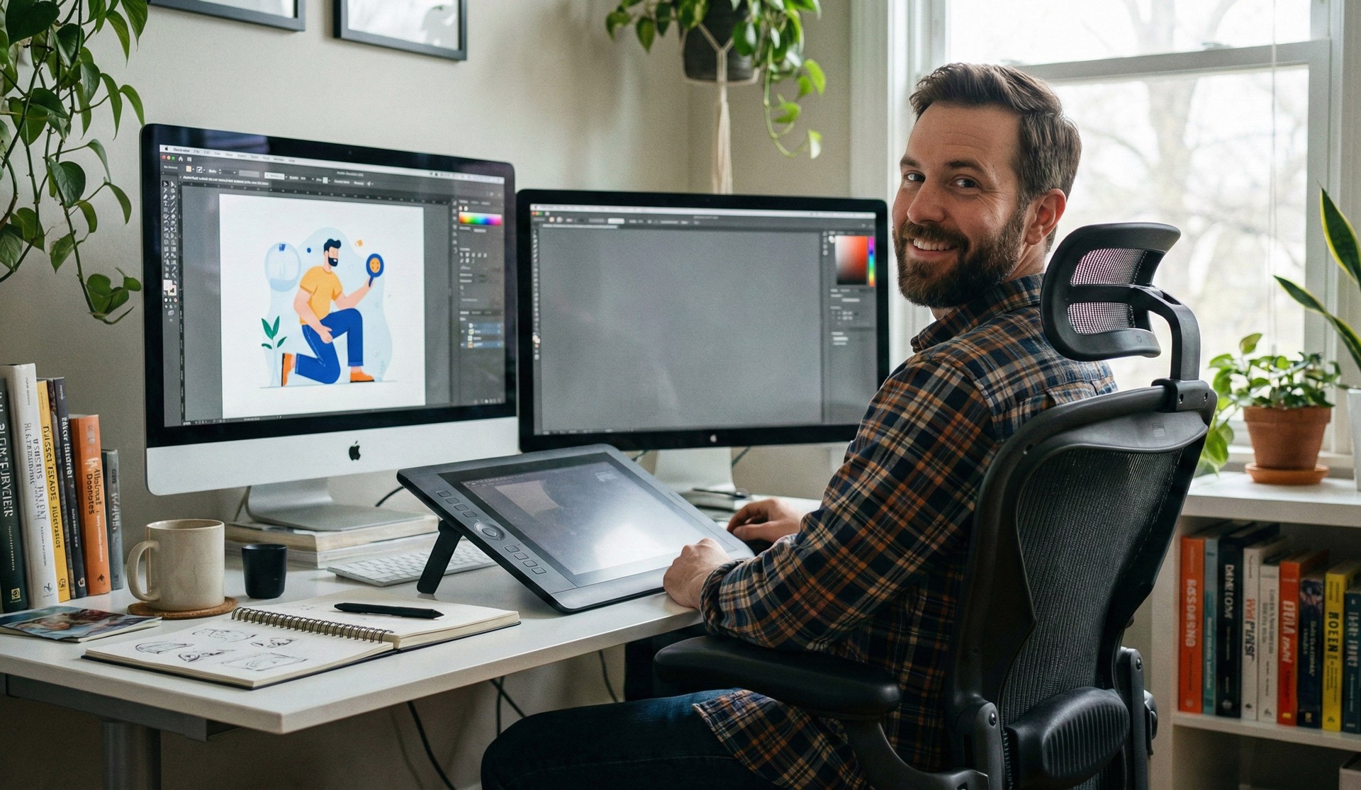 Graphic designer at desk using a digital tablet and dual monitors, surrounded by books and plants.