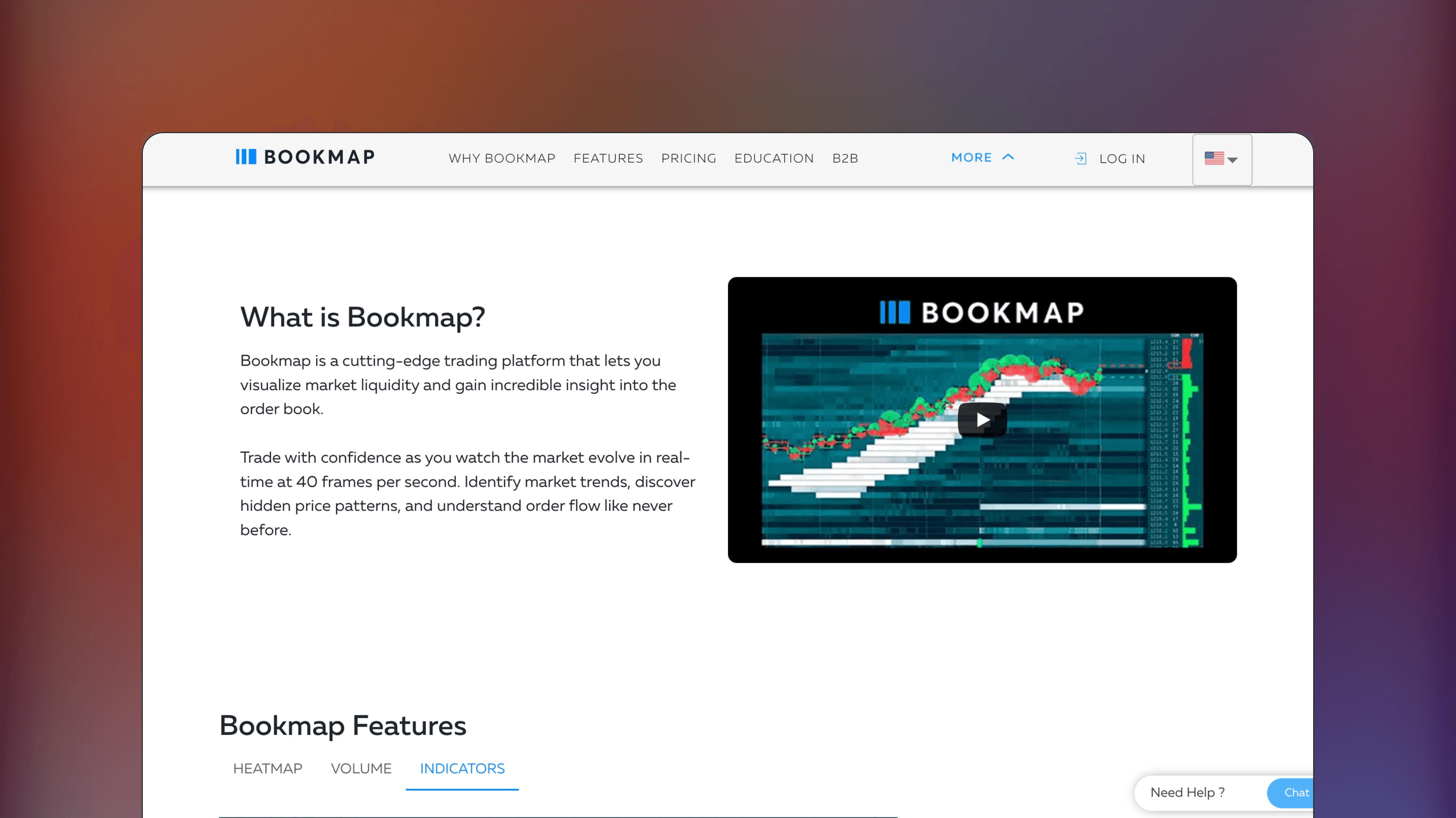 Website preview of Bookmap, technical analysis orderflow platform featuring a heatmap of the limit order book.