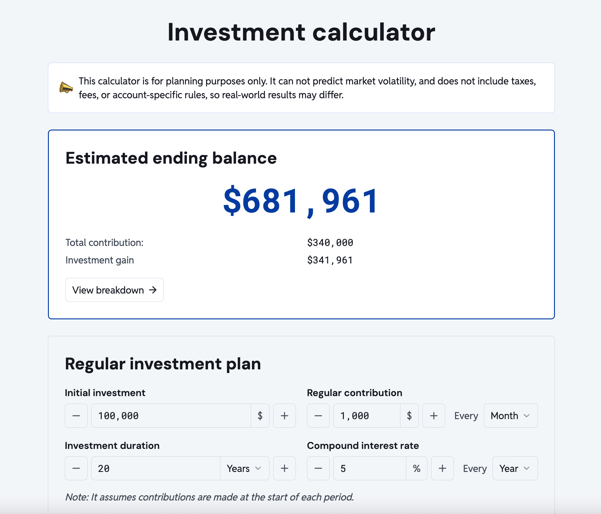 Investment projection calculator developed by Celine to support retirement planning.