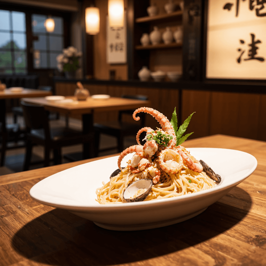 product photography of a plate of mixed seafood noodles with various shellfish and octopus