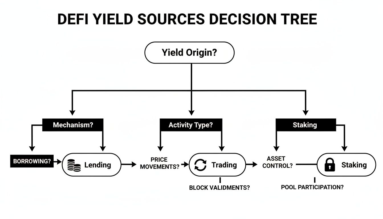 Decision tree flowchart illustrating various DeFi yield sources including lending, trading, and staking mechanisms.