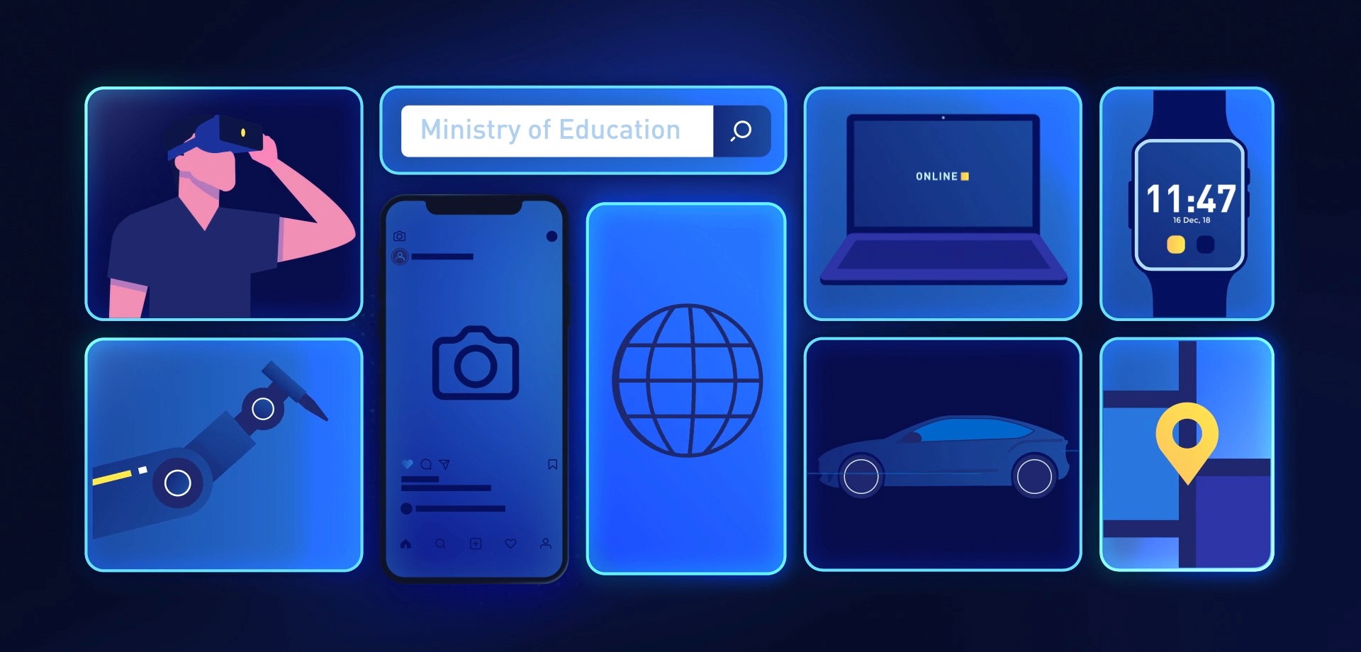 A futuristic digital interface with blue neon-themed icons representing technology