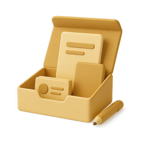 illustration d'une boite avec des cartes de visites, flyers dedans