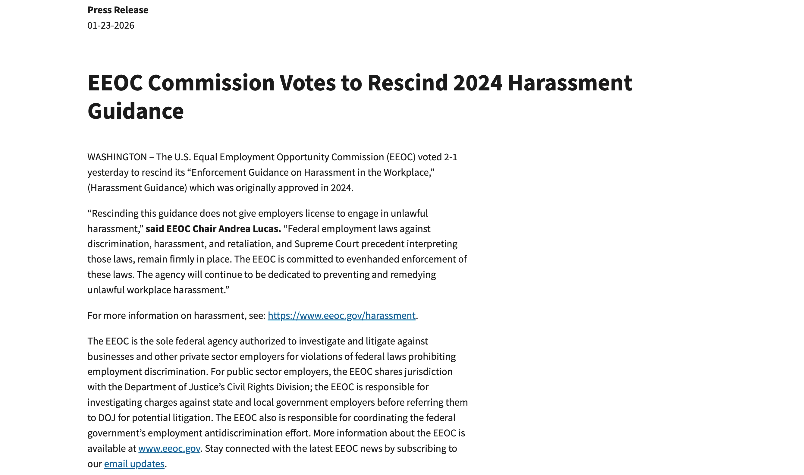 The EEOC's official press release announcing the rescission of its 2024 Enforcement Guidance on Harassment in the Workplace, dated 23 January 2026. Source: eeoc.gov