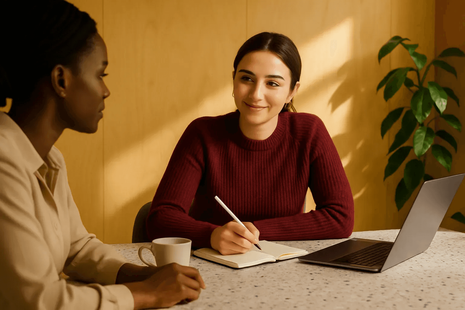 Two women having a focused discussion at a desk with a laptop and notebook.