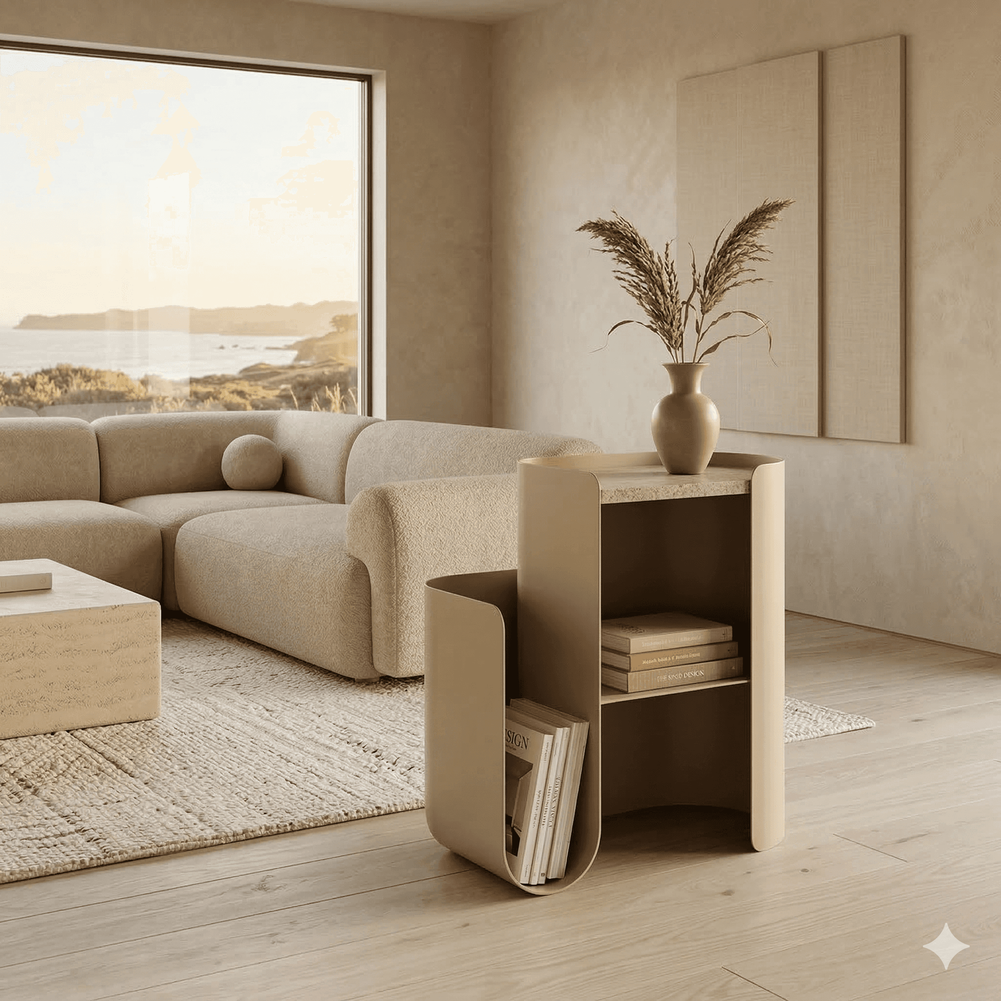 Minimalist entry hall with arched wooden door, warm plaster walls, dried botanicals, and soft natural light.
