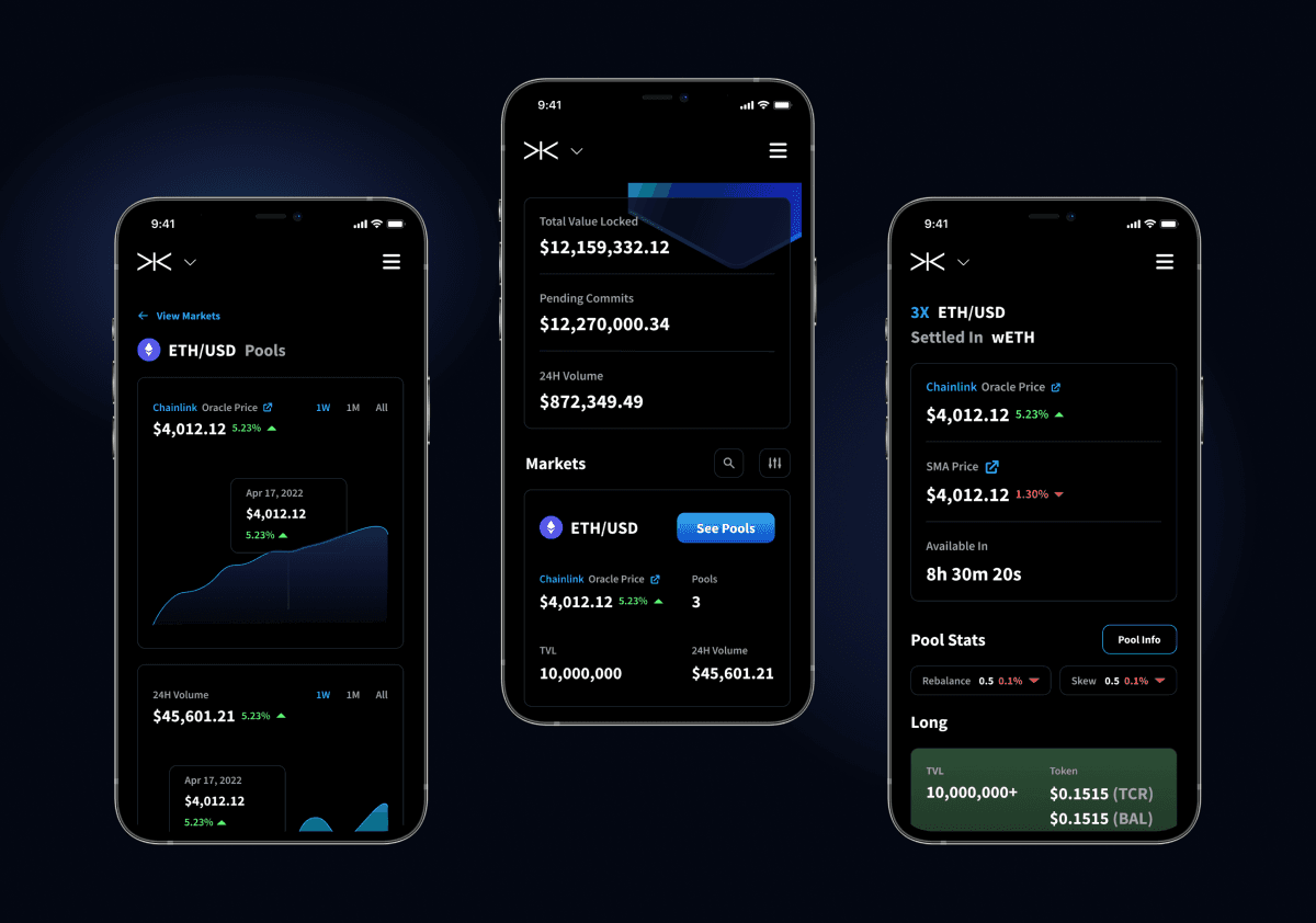 The mobile version of the Tracer Finance decentralized application (dApp) dashboard offers essential financial data within decentralized finance (DeFi). This mobile interface presents key information, including the ETH/USD pool, Chainlink oracle price, SMA price, total value locked in the pool, and 24-hour trading volume. It provides users with comprehensive pool statistics such as long or short positions, total value locked, circulating supply, token price, and effective leverage. This streamlined mobile interface ensures transparent access to essential data for trade execution and holdings viewing within the Tracer protocol, optimizing the user experience in navigating DeFi on mobile devices.