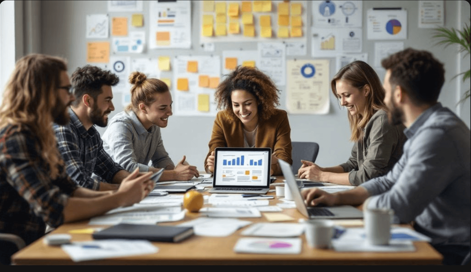 Diverse team of professionals collaborating around a table with laptops and documents, reviewing data charts on a tablet in a creative office space.