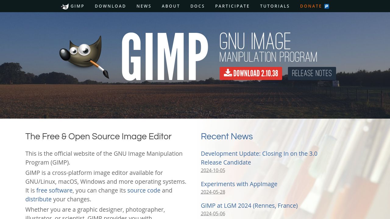 Screenshot of the GIMP website presenting free image editing software information