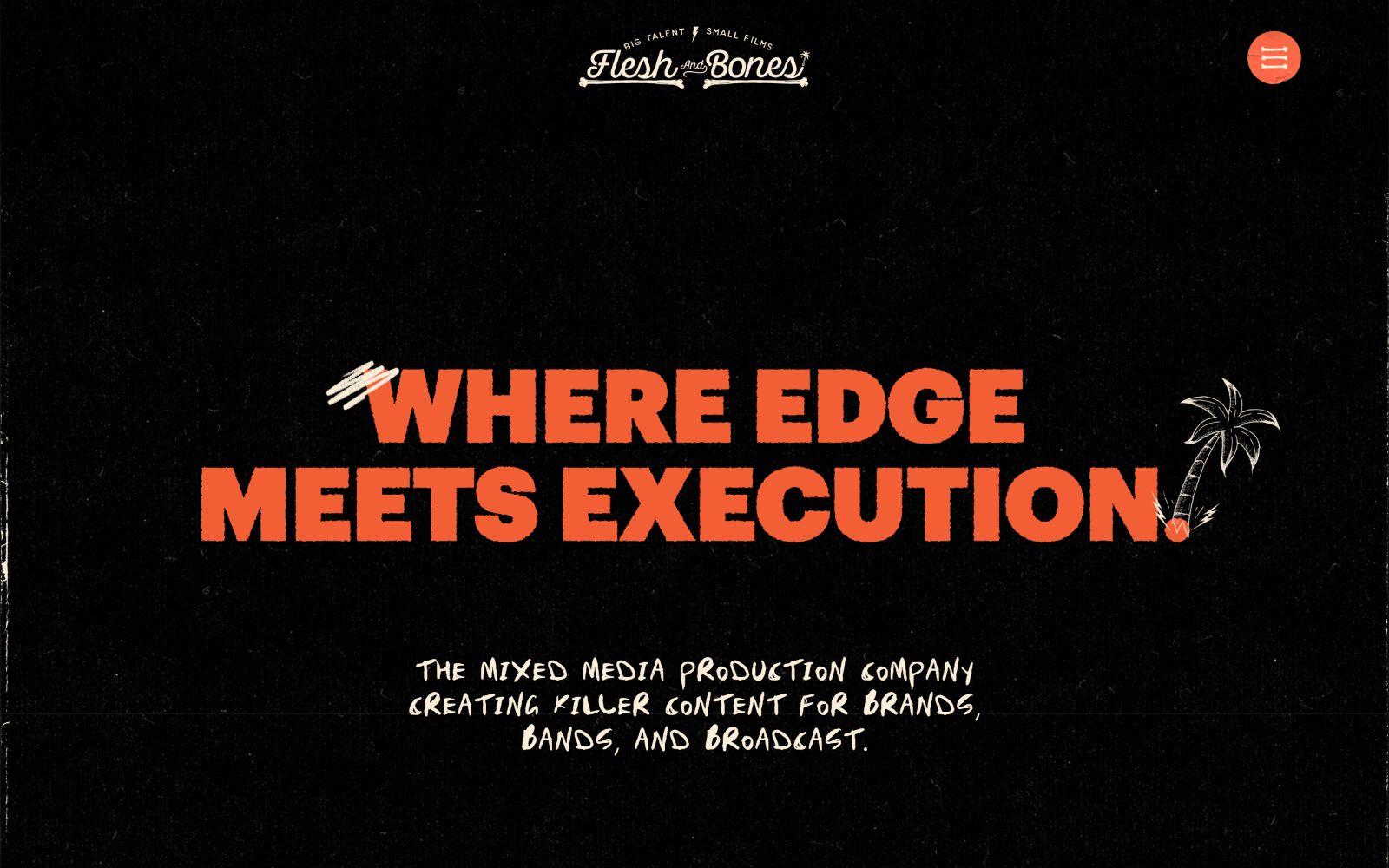 Bold orange text: "WHERE EDGE MEETS EXECUTION" on black. Below, smaller text: "THE MIXED MEDIA PRODUCTION COMPANY..." Palm tree graphic.