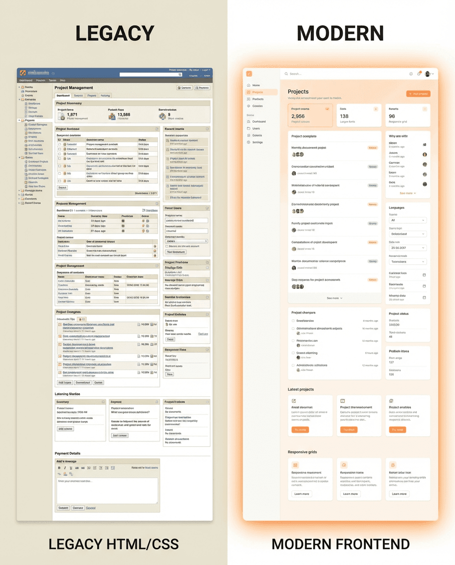 Side-by-side comparison of an outdated legacy frontend interface and a modern responsive UI highlighting improved layout, performance, and usability.