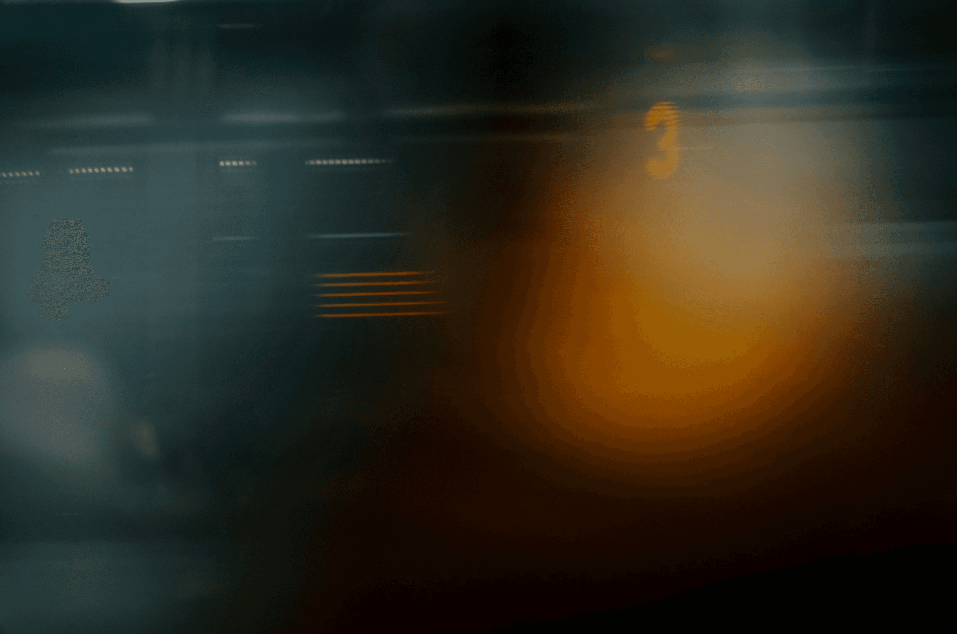 Abstract motion blur photograph featuring dark tones, dynamic horizontal speed lines, and a soft orange glow on the right displaying a faint glowing digit three.