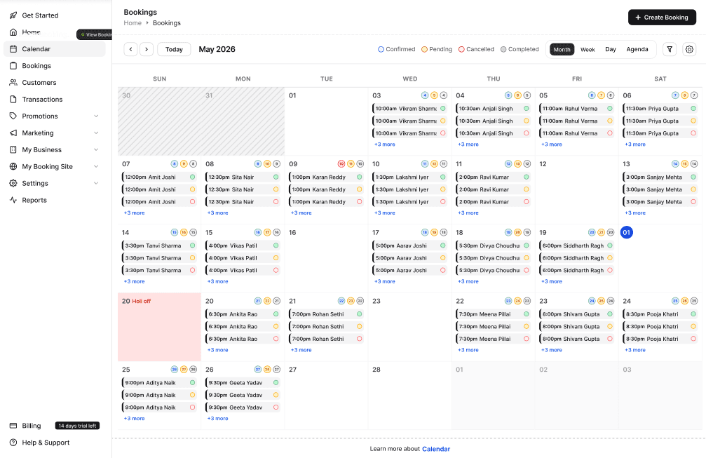 Calendar in Month view with bookings on each day and the Month, Week and Day view buttons