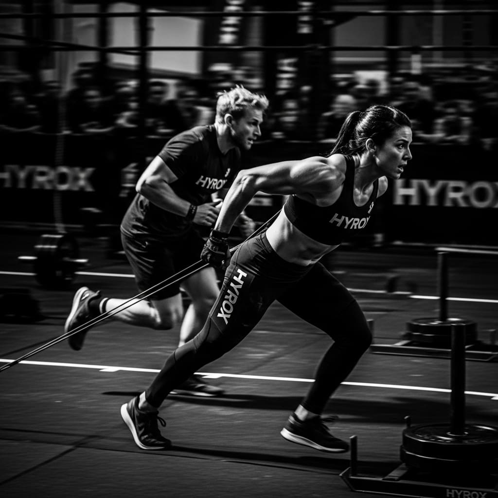 Dynamic black and white shot of a woman pulling a weighted sled with a man running behind her during a workout.