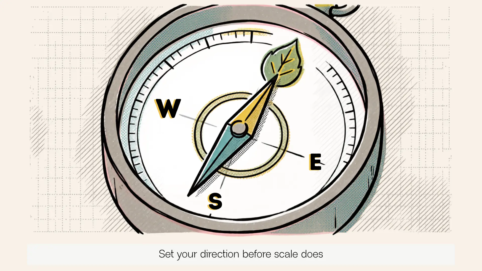 A compass with the needle pointing toward a leaf symbol instead of north.