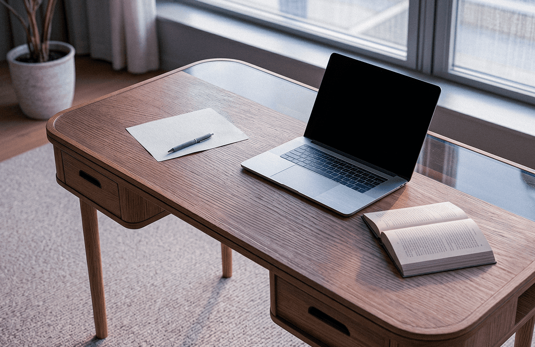 Mesa de trabalho de madeira com notebook, papel e livro aberto em ambiente iluminado. Composição limpa seguindo a estética Inspira.