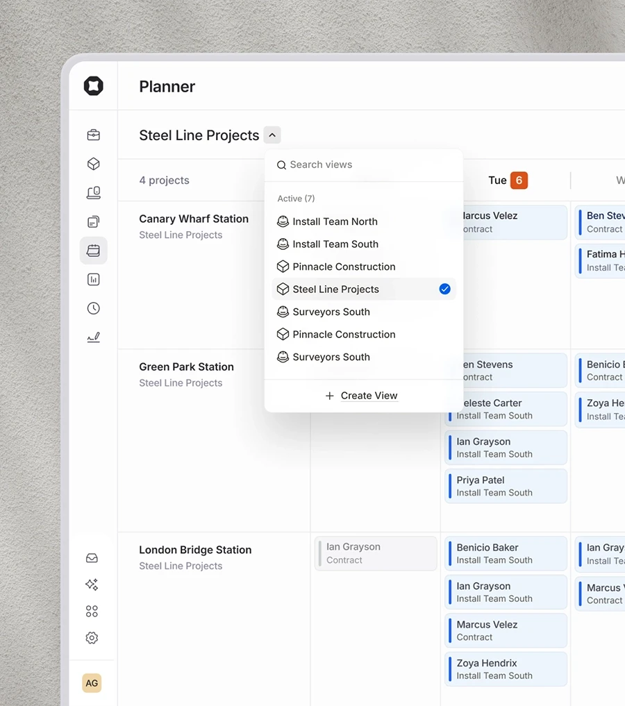 In dark mode, the detail of a particular site visit in the Onetrace Planner, showing the location, date, time and assigned operative.