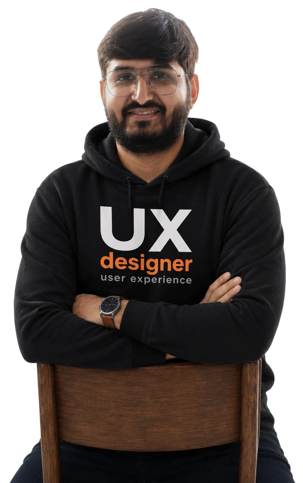 Mayank Desai, UI/UX Designer from Jamnagar, wearing a VR headset and black UX designer hoodie representing creativity and AI-powered design innovation.