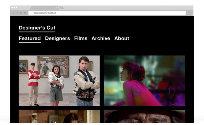 A screenshot of a web browser displaying the Designer’s Cut website. The navigation bar includes “Featured,” “Designers,” “Films,” “Archive,” and “About.” The main content area shows four images: two men in red and white striped shirts standing in a room, two women in casual attire, and a woman in a pink top looking to the side. A search bar is visible at the top.
