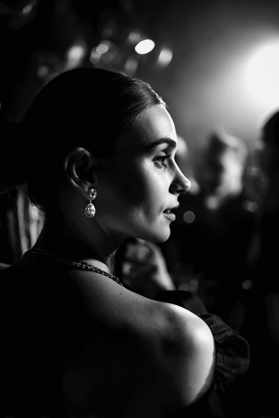 Portrait of a woman in profile, gold earring catching stage light, dark background