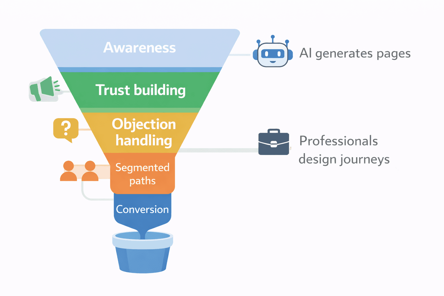 AI website funnel: AI generates pages, professionals design conversion journeys.
